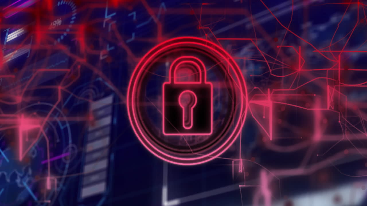 Glowing red padlock icon over digital data and network connections animation