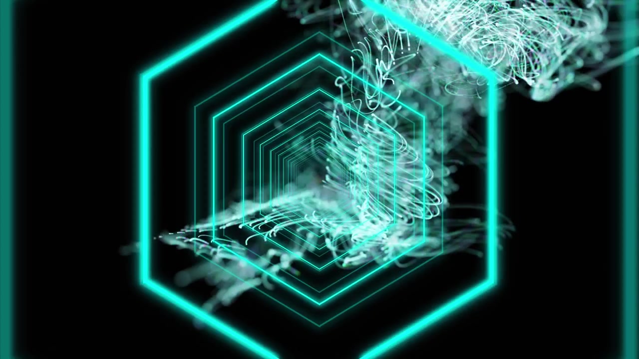 Animation of glowing turquoise hexagons over explosion of turquoise light trails on black background