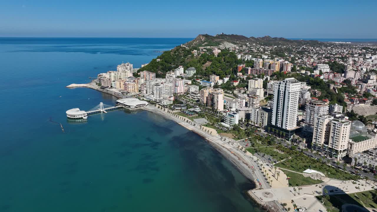 Stunning aerial view of the beach and skyline in Durres, Albania, with clear blue water