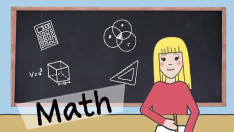 animation of math text over schoolgirl icon over blackboard