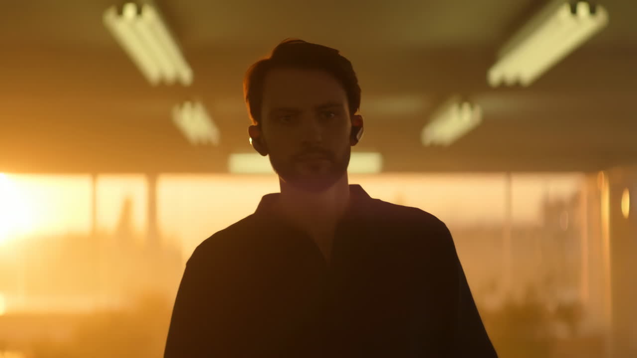 Man with earpiece in dramatic orange light