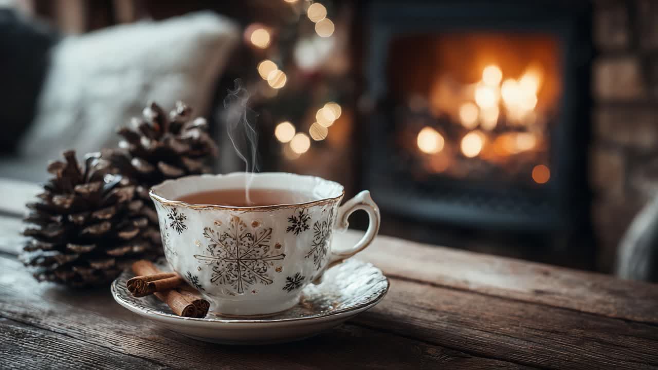 Warm Cup of Tea with Steam Rising, Surrounded by Cozy Pine Cones and a Glowing Fireplace, Perfect for a Relaxing Winter Evening at Home