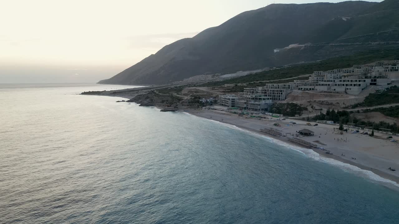 Aerial shot of beachfront property under construction in the mediterranean sea