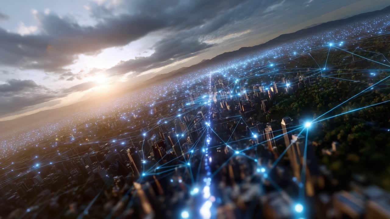 Aerial View of a Connected City: Vibrant Network of Data Points Illuminating Urban Landscape at Sunset, Showcasing the Fusion of Nature and Technology