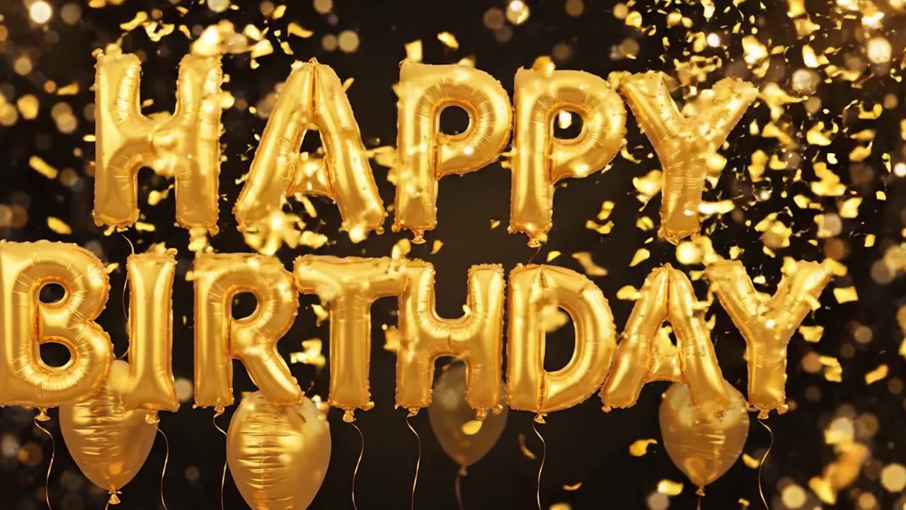 Una celebrazione luminosa e gioiosa con palloncini dorati e coriandoli in un'atmosfera scintillante, perfetta per un compleanno o un evento festivo