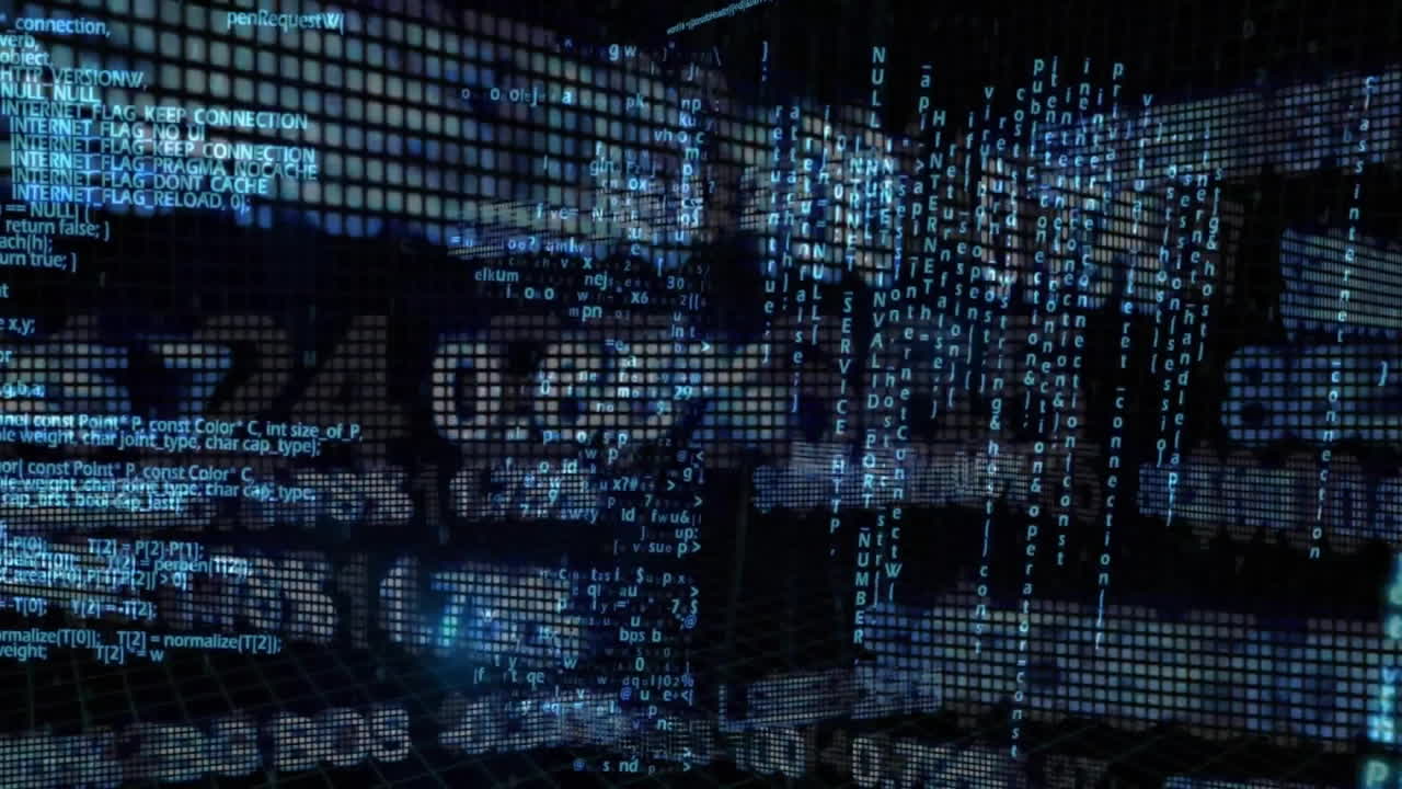 Animation of financial data processing over dark background