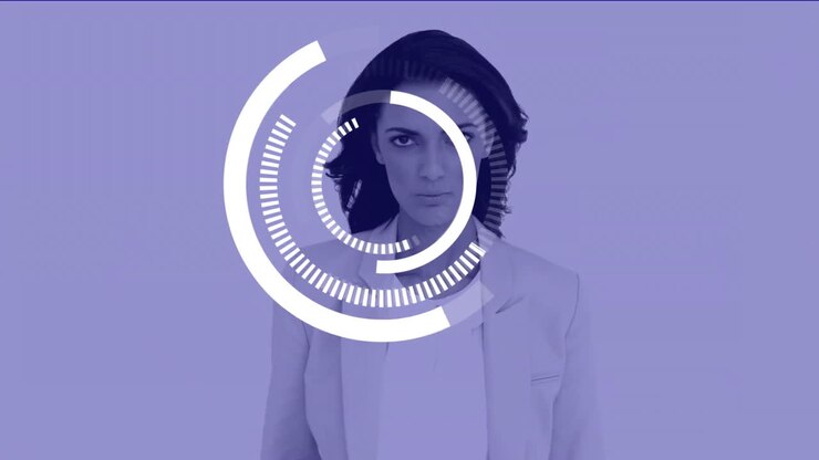 Circles rotating and woman gesturing on purple background