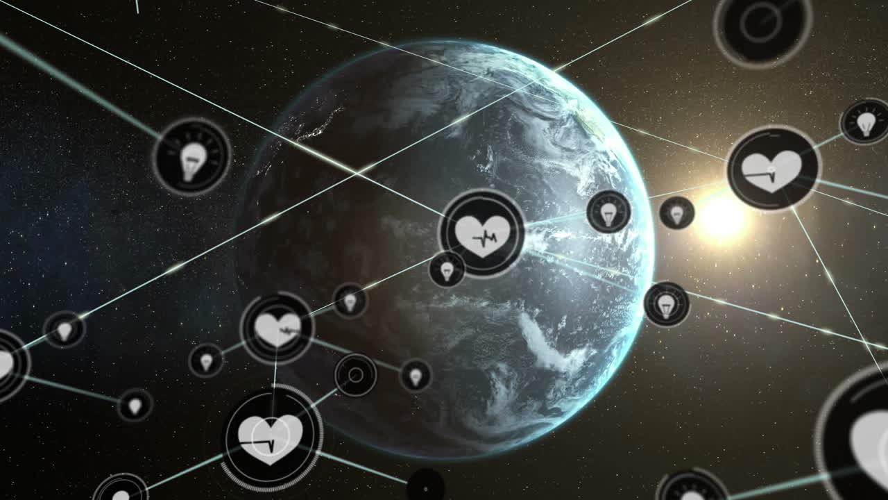 animación de iconos conectados con líneas sobre el globo giratorio contra el sol en el espacio