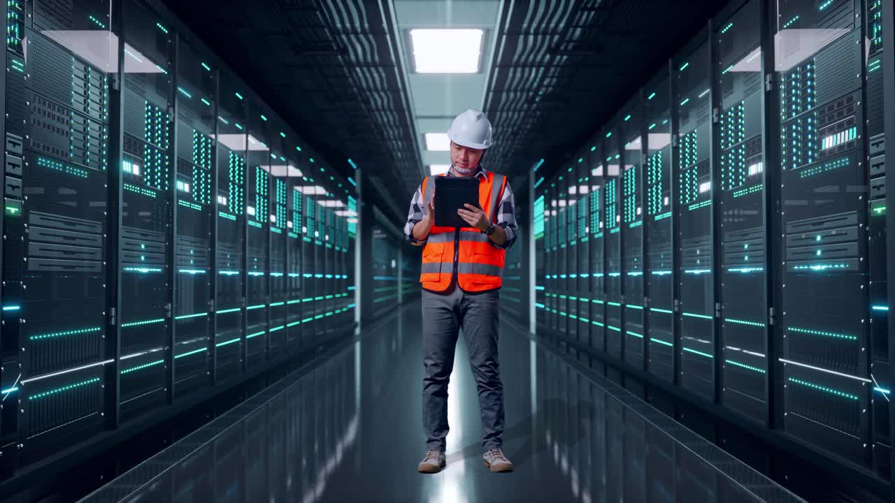 Full Body Of Asian Male Engineer With Safety Helmet Working On A Tablet While Standing in Server Room Data Center
