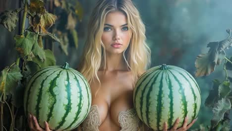 a woman holding two watermelons in her hands