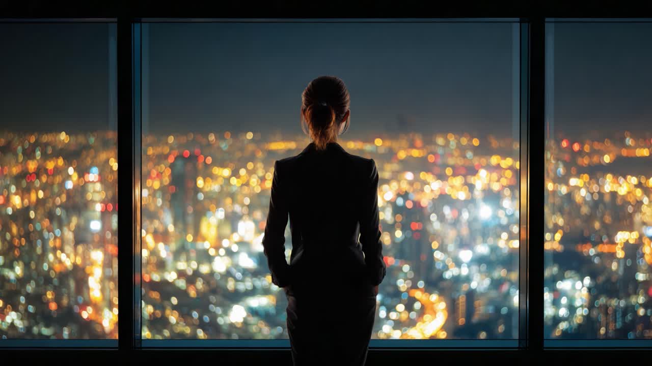A silhouette of a woman in business attire gazes out over a sprawling cityscape at night, illuminated by countless lights, reflecting ambition and contemplation