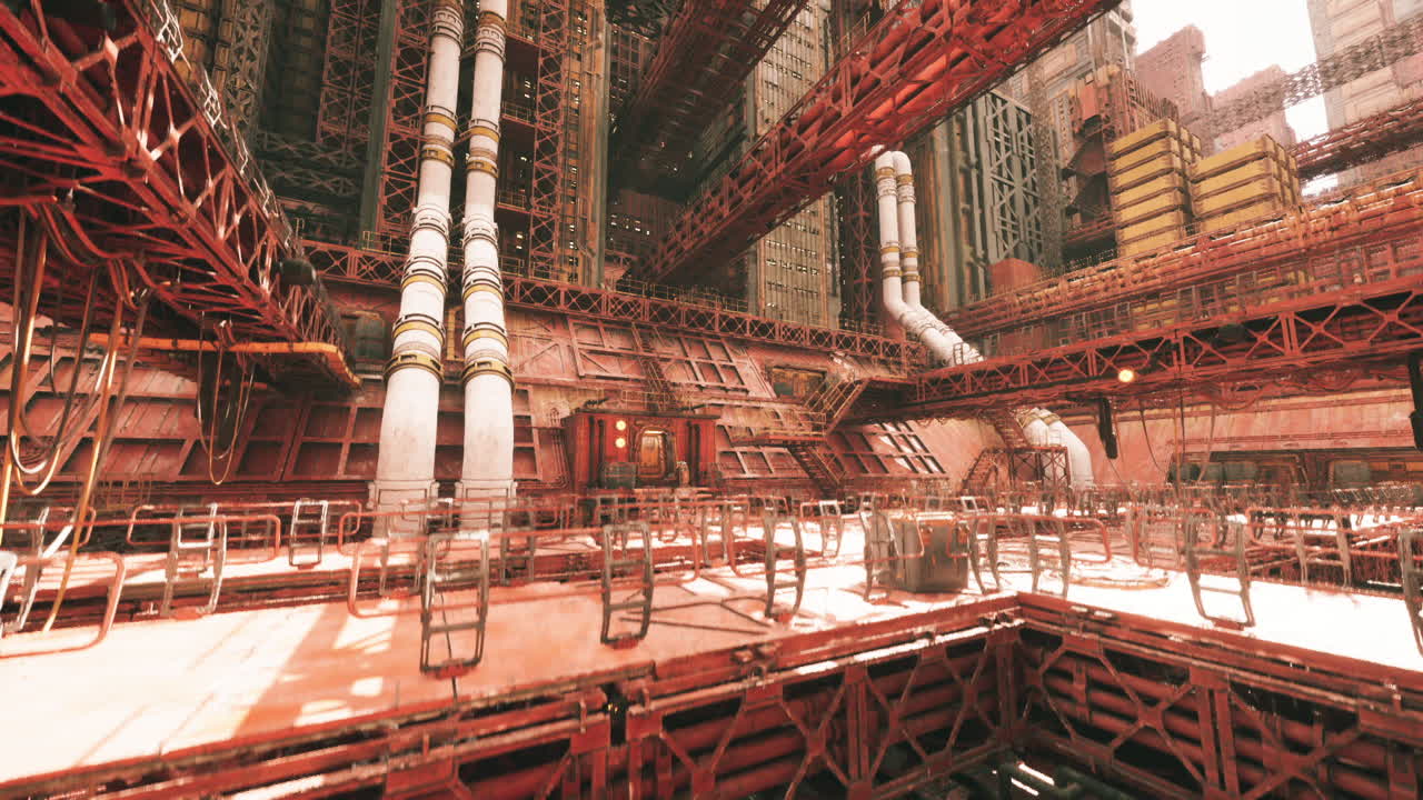 Abandoned industrial space with shadowed metal walkways and pipe systems