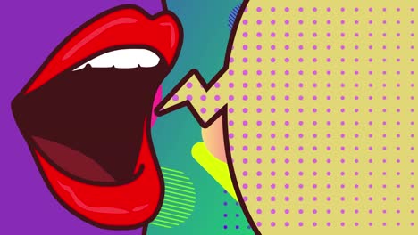 Animation-of-cartoon-red-lips-and-retro-speech-bubble-over-vibrant-background