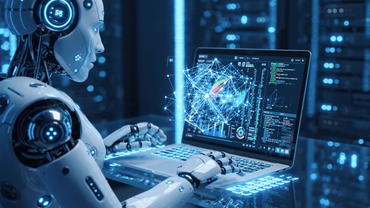 A Futuristic Robot Engaged in Data Analysis and Visualizations on a Laptop, Showcasing Advanced Technology and AI Interaction in a High-Tech Environment