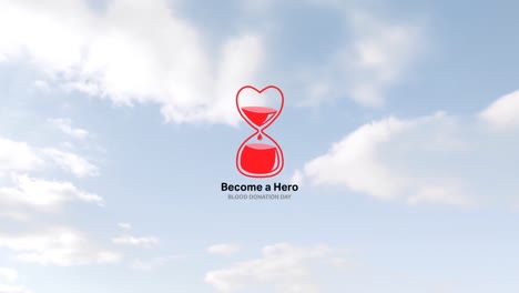 Animation-of-heart-shape-blood-bag-and-become-a-hero-text-over-clouds