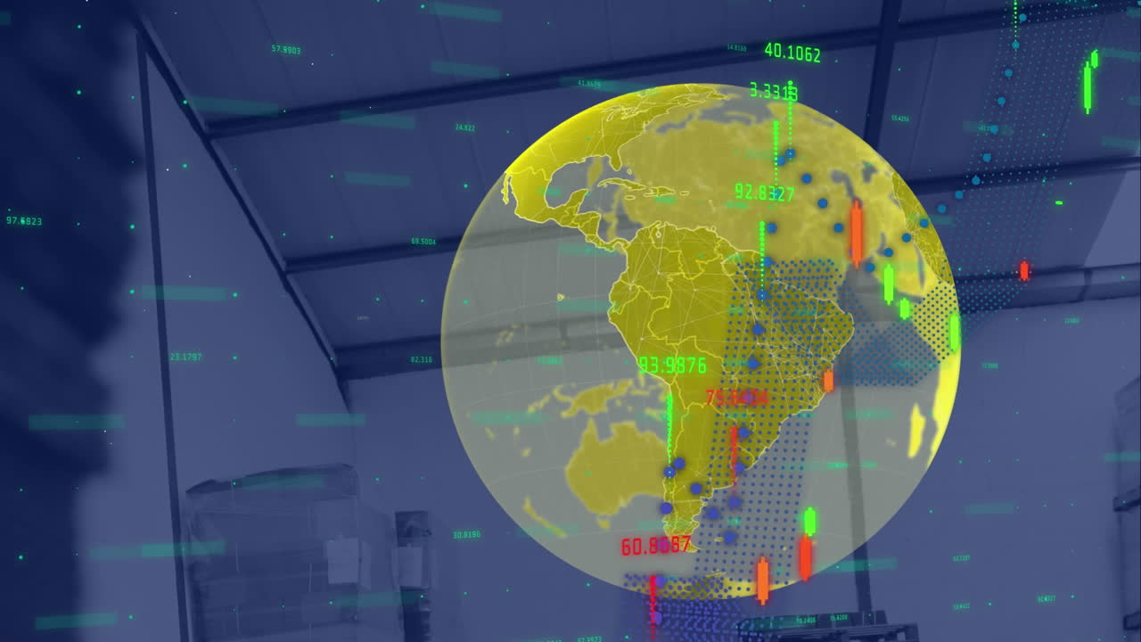animación del globo y la interfaz digital con procesamiento de datos sobre el almacén