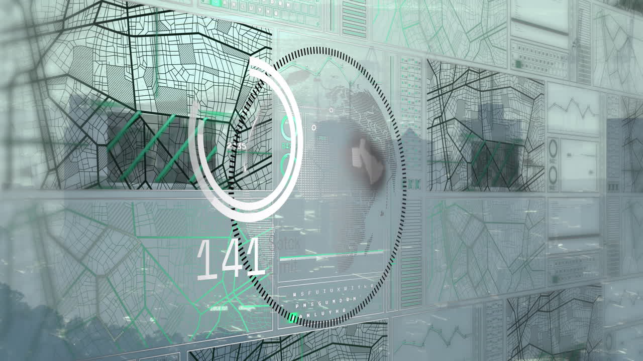 animación de la interfaz con el procesamiento de datos sobre un globo giratorio frente a una vista aérea del paisaje urbano