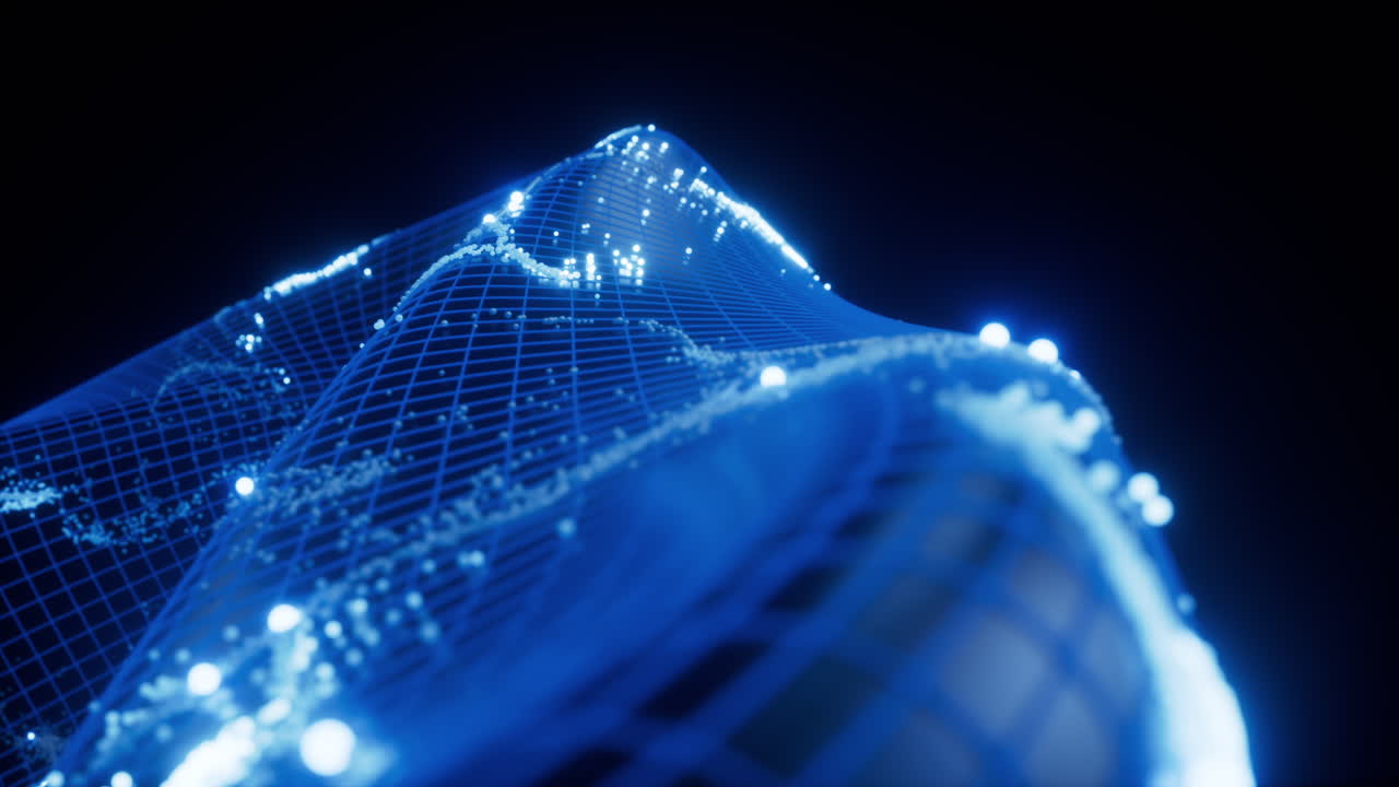 geometria di curva astratta con particelle che scorrono, rendering 3d.