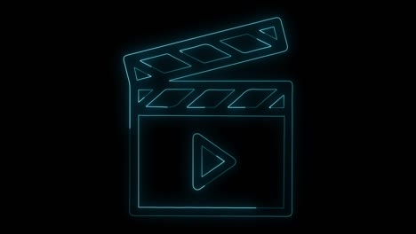 línea de neón brillante icono de clapper de película aislado en fondo negro. tablero de clapter de película. producción de cine o industria de los medios.