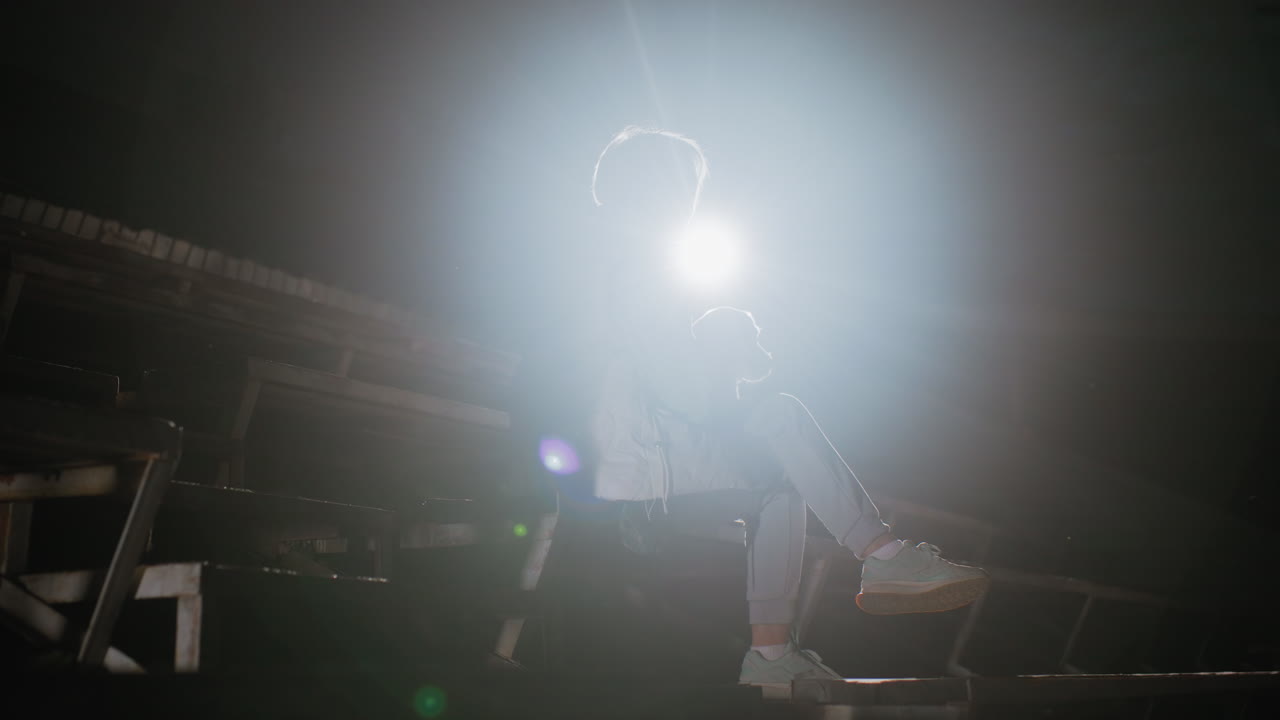 Side view of bright spotlight shining on graceful lady with crossed legs seated on ladder chair holding pet at night in empty stadium creating emotional calm moment between human and dog in soft glow