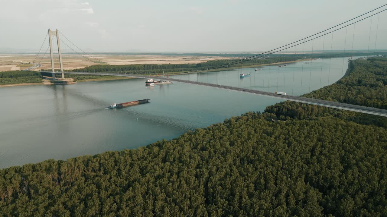 Longest Bridge Over The Danube River In Braila, Galati, Romania. Aerial Drone Shot