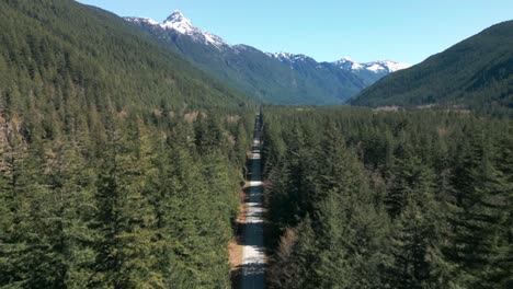 aerial shot over a car driving on a straight road between trees revealing mountains in the background, chilliwack british columbia, canada