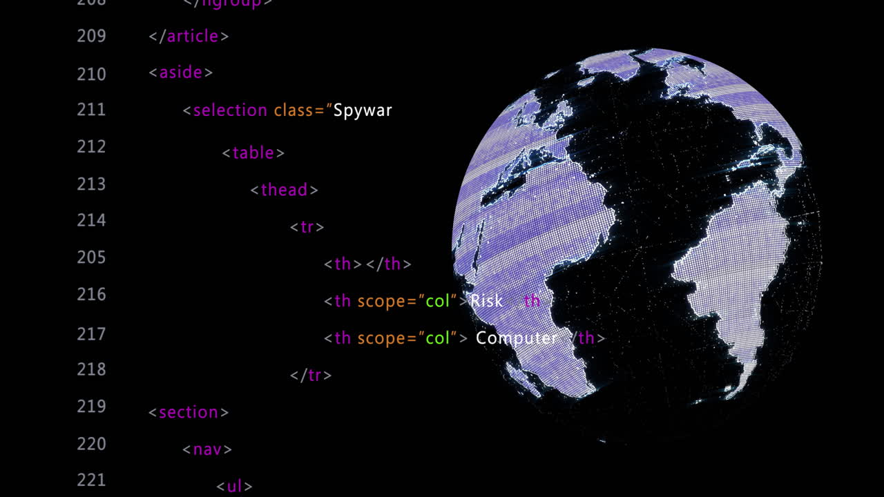 Animation of globe over data processing on black background