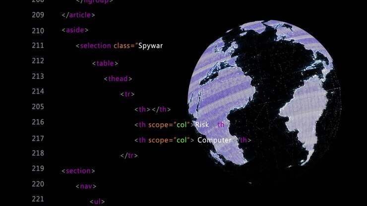 Animation of globe over data processing on black background