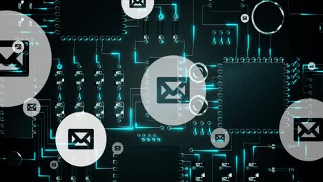 Animation-of-online-white-envelope-icons-moving-over-computer-processor-in-background