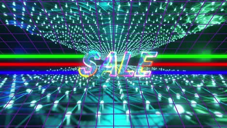 Animation-of-sale-text-with-green,-red-and-blue-lines-over-moving-network-of-glowing-lights