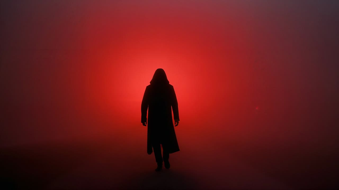 Silhueta distante de casaco com capuz caminhando em direção à câmera em um cenário nebuloso, parando sob uma auréola vermelha