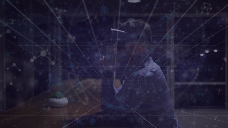 Animazione di uomo d'affari caucasico che usa un simulatore di realtà virtuale e quadrati digitali e molecole