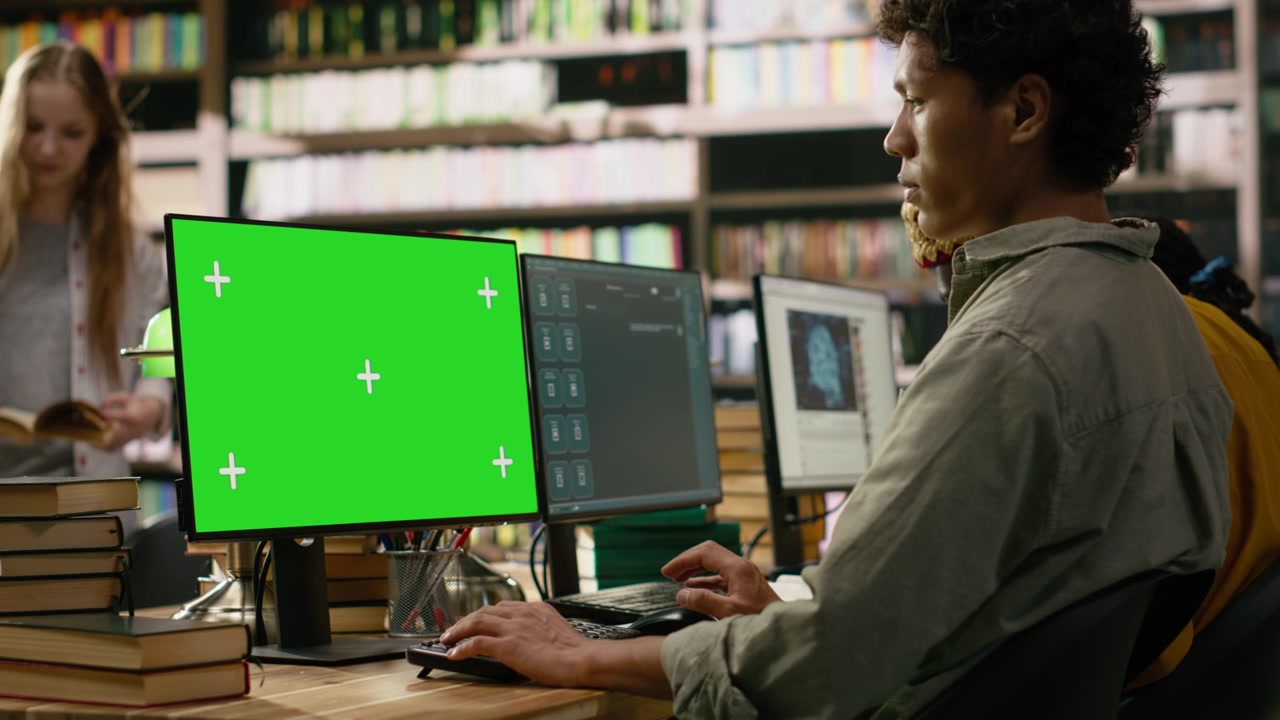 Grøn skærm-mockup på computerskærm ved træbiblioteksbord