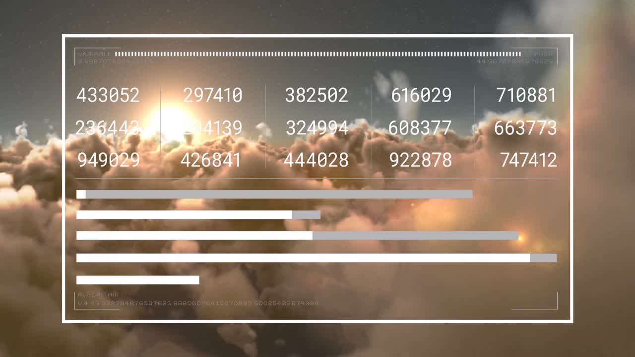 Animation of financial data processing over sky with clouds