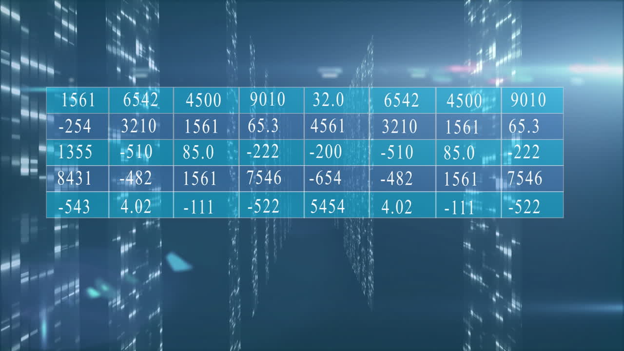 Animation of digital data table overlaying futuristic cityscape with glowing skyscrapers
