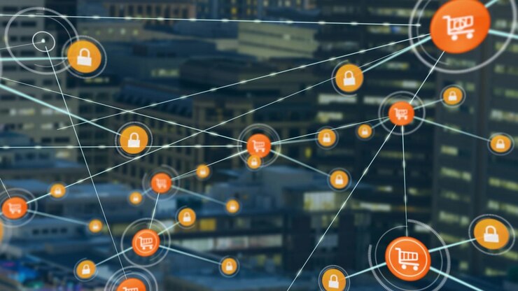 Target appearing, orange cart hubs, locks expanding, connecting, showing secure ecommerce network