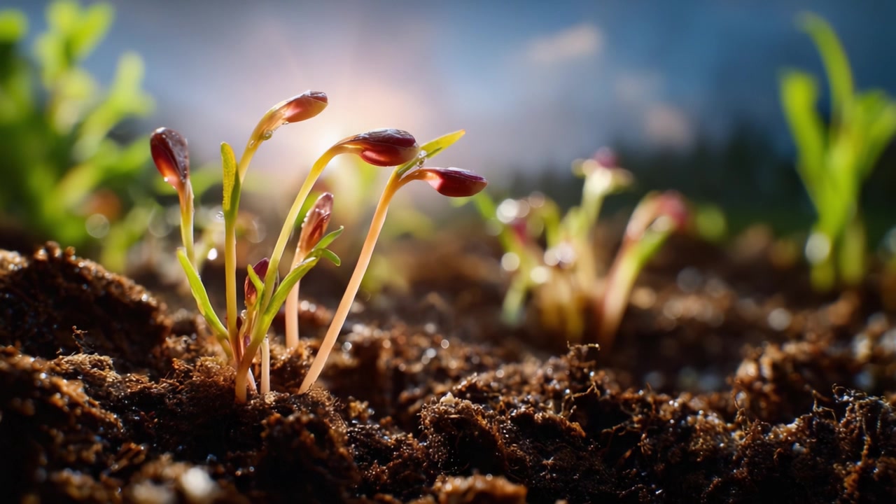 L'éclosion de la vie nouvelle: Une vue macro de jeunes pousses émergeant d'un sol riche, baignées d'une lumière douce avec un arrière-plan luxuriant de sérénité naturelle