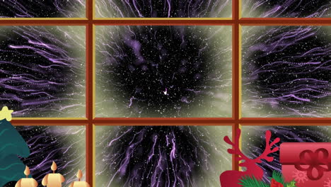 iconos de concepto de navidad y marco de ventana contra un rastro de luz púrpura explotando sobre un fondo negro