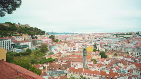 lisbon hill viewpoint through fences to castle and ancient city roofs