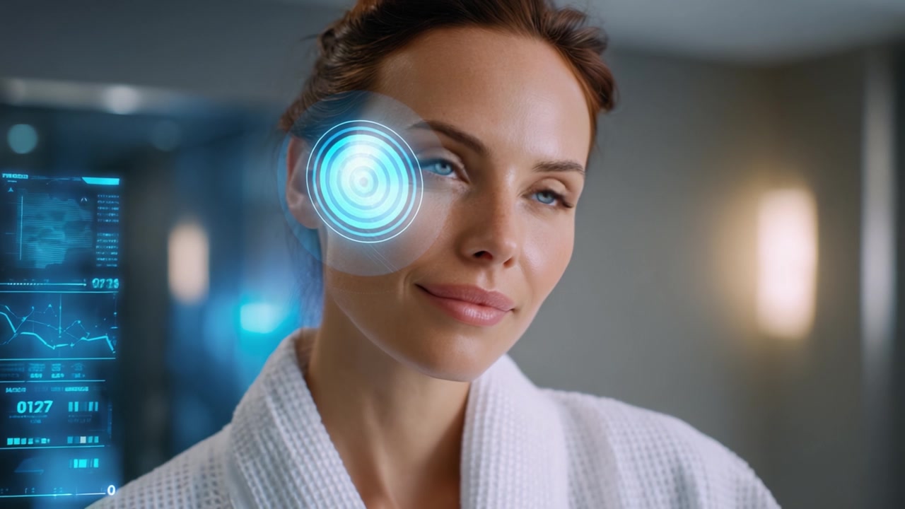 Una donna sperimenta la tecnologia avanzata sul suo viso in un ambiente moderno, illustrando l'intersezione tra bellezza, salute e innovazione nella cura della pelle digitale.