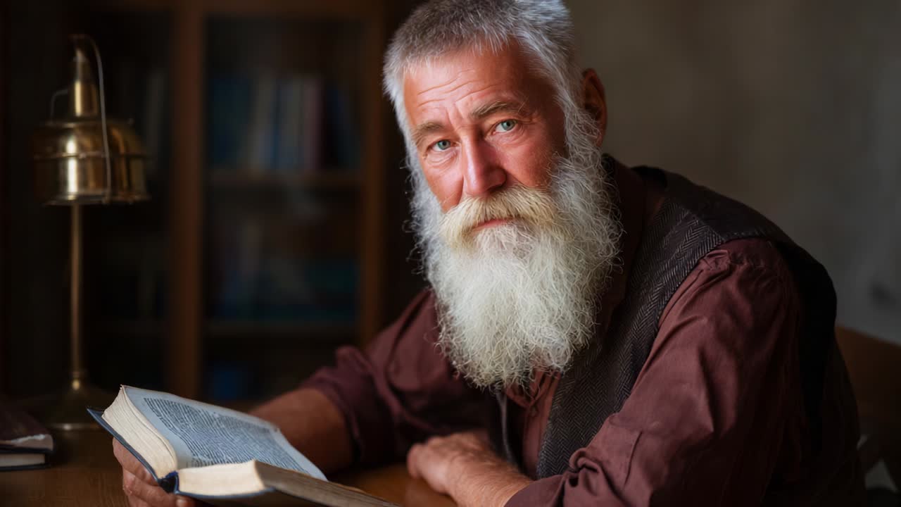 An elderly man with a striking white beard and thoughtful expression is deeply engaged in reading a book, capturing a moment of wisdom and concentration in a cozy, softly lit environment