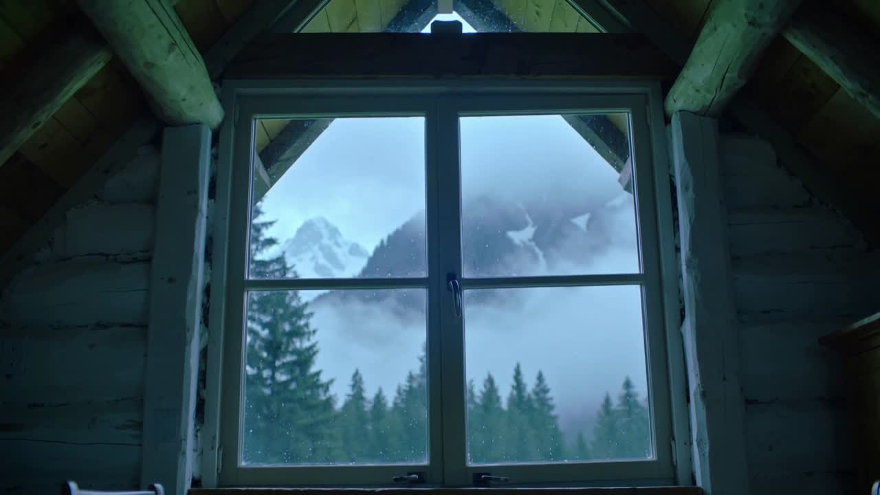 Kamera trekkes tilbake for å avsløre et trebord og stoler, med tåkete fjelltopper synlige gjennom et gavl-vindu.