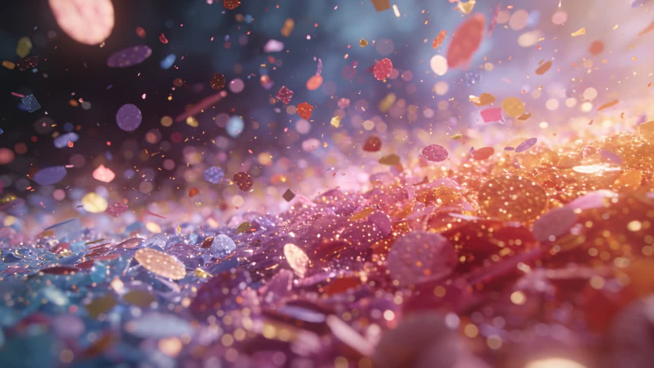 Stigende reflekterende skiver svæver under let luftstrøm i makrostudio, med glimmer og bokeh.