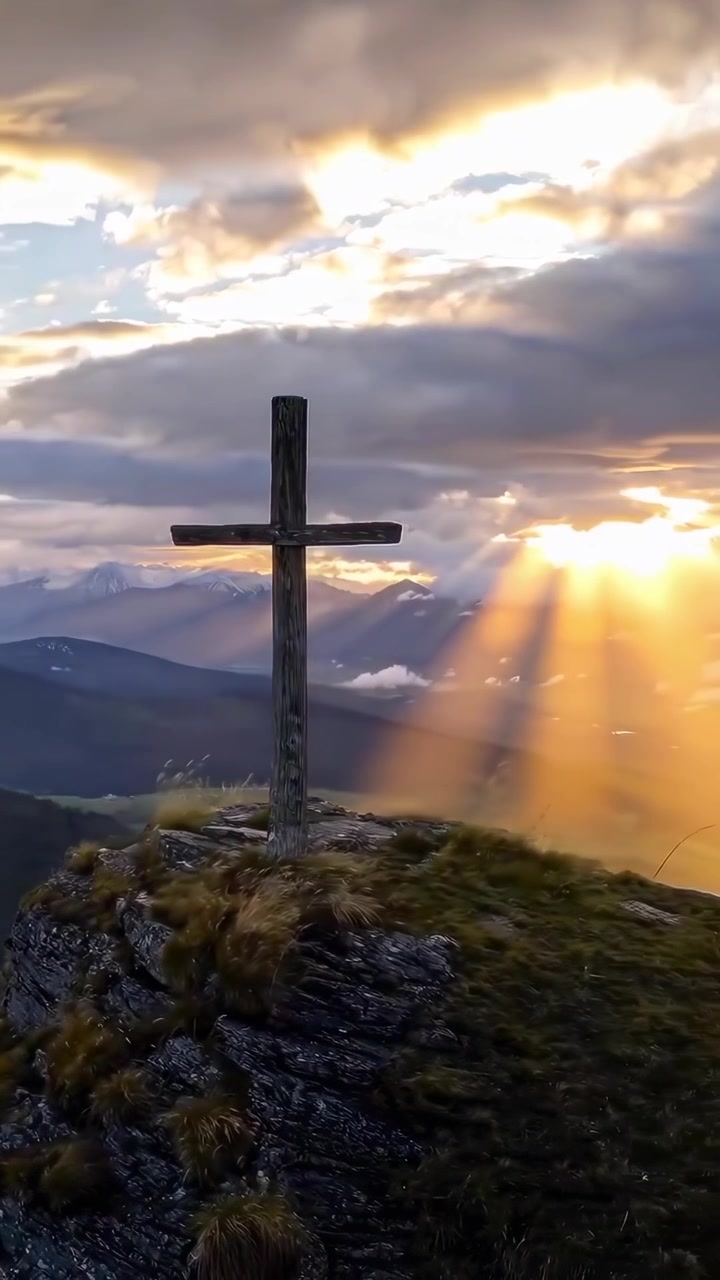 Cruz de madera en la cima de una montaña con rayos de sol dorados