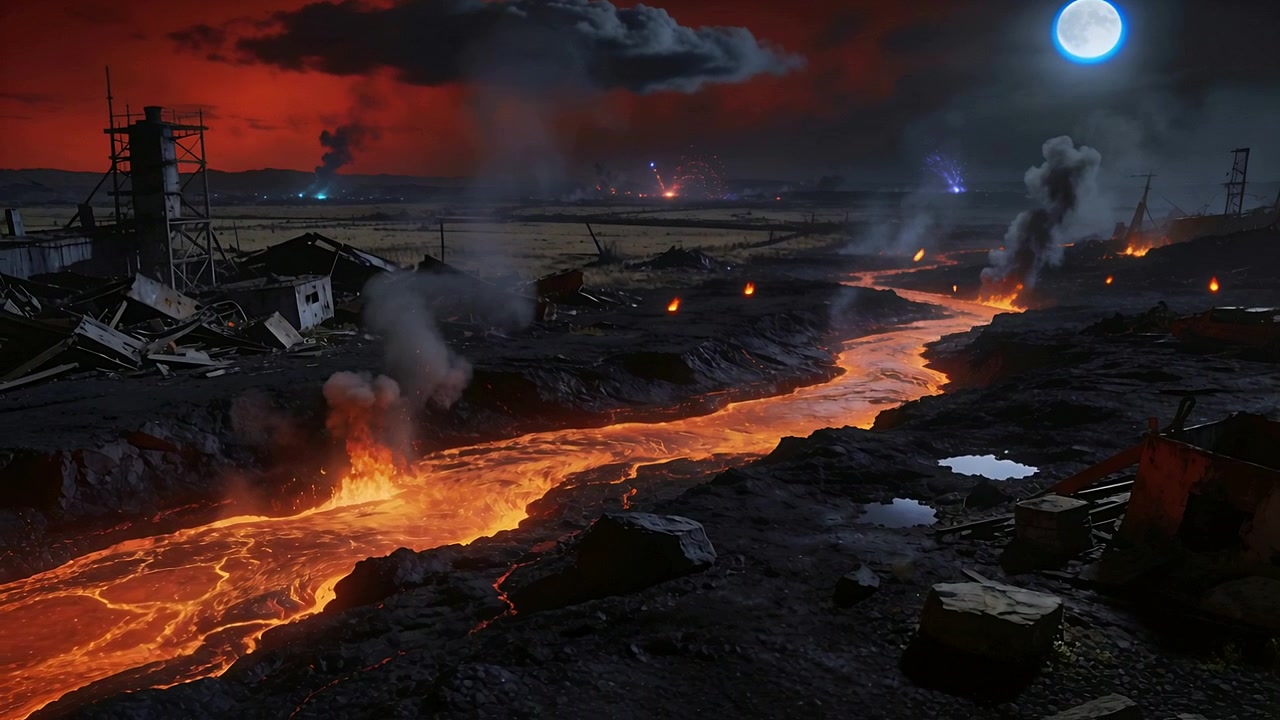 Fiume di lava che scorre attraverso una pianura industriale carbonizzata, spinto dal calore, rivelando una torre scheletrica.