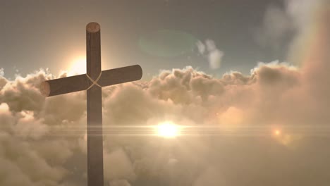 animación de cruz y luz en movimiento sobre el cielo con nubes en movimiento