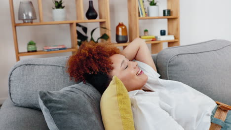 Black-woman,-calm-and-couch-of-a-person-on-a-work