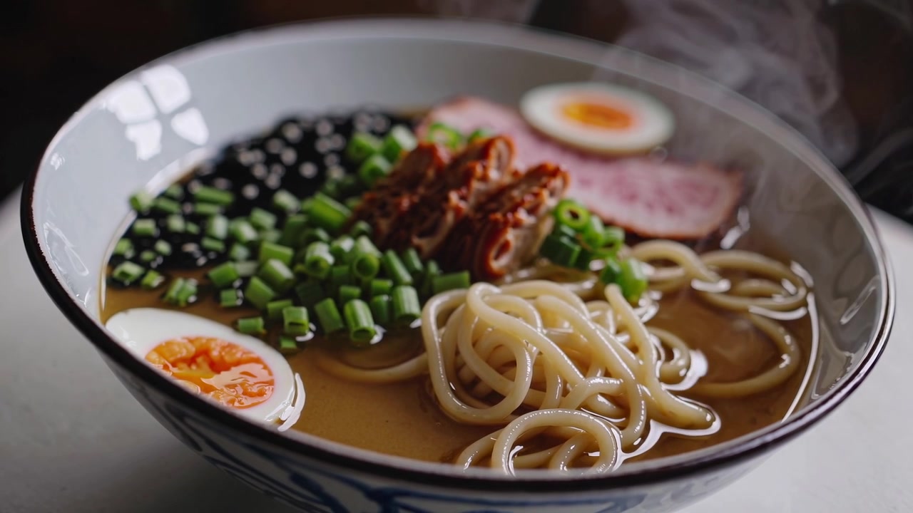 Ciotola fumante di ramen giapponese fresco con condimenti