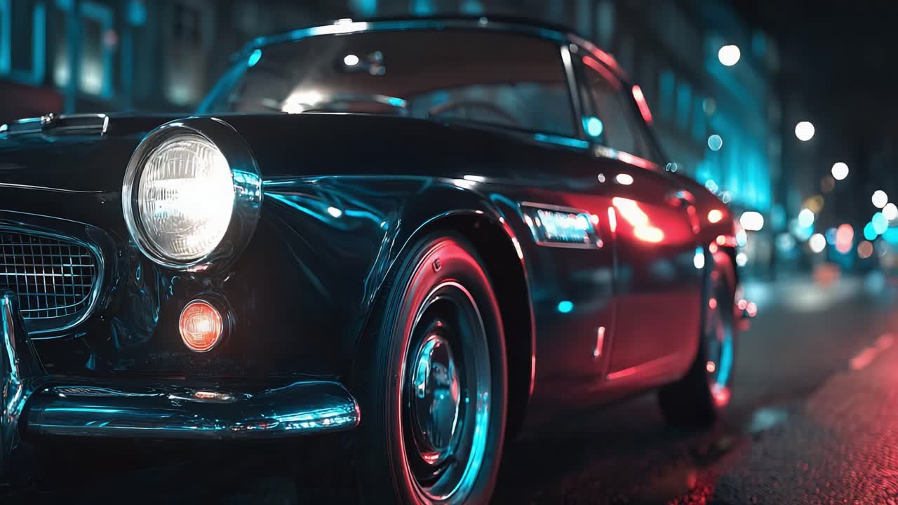 Una splendida auto d'epoca ripresa con illuminazione urbana dinamica, che ne mette in risalto il design brillante e l'eleganza senza tempo su una vivace strada cittadina di notte