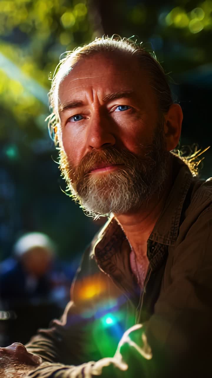 Cautivador retrato de un hombre barbudo con llamativos ojos azules y luz natural que ilumina su rostro, sobre un fondo suavemente difuminado